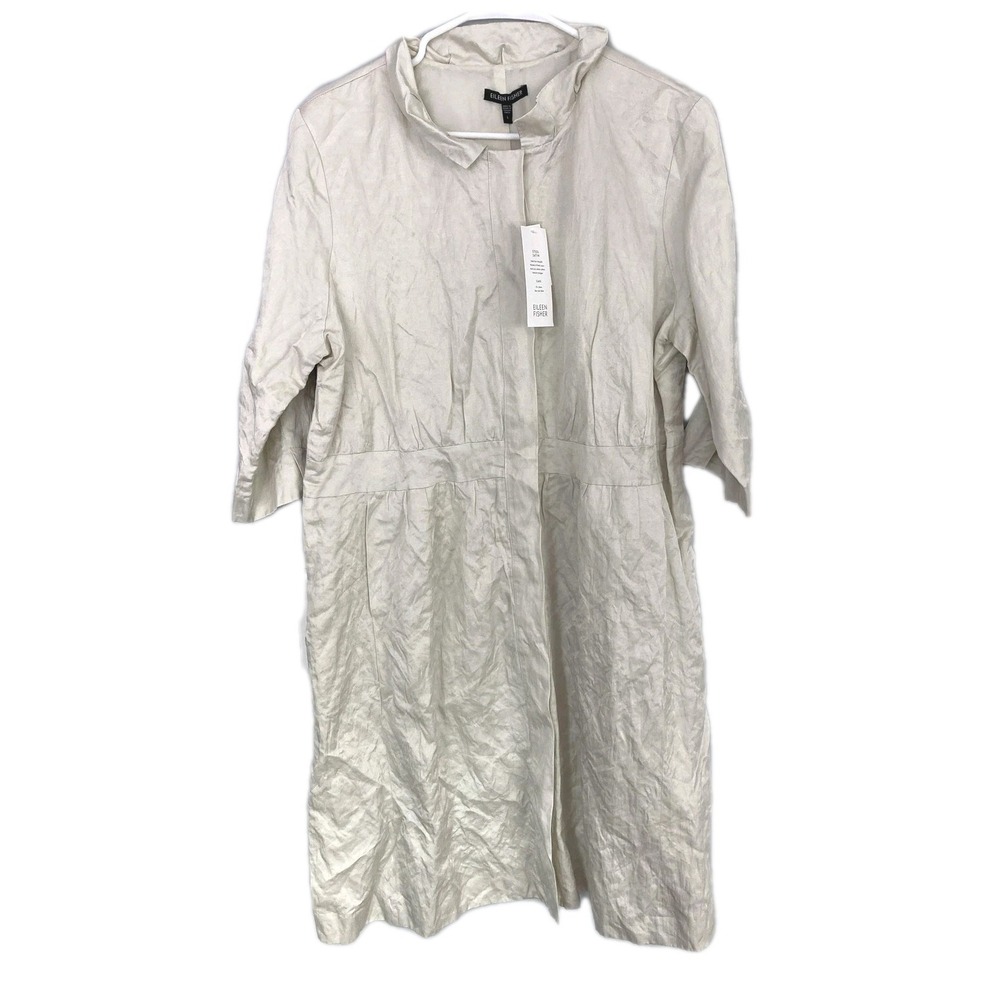 Eileen Fisher Coat Women L Bone Steel Satin Stand Collar Hidden Button Front NWT